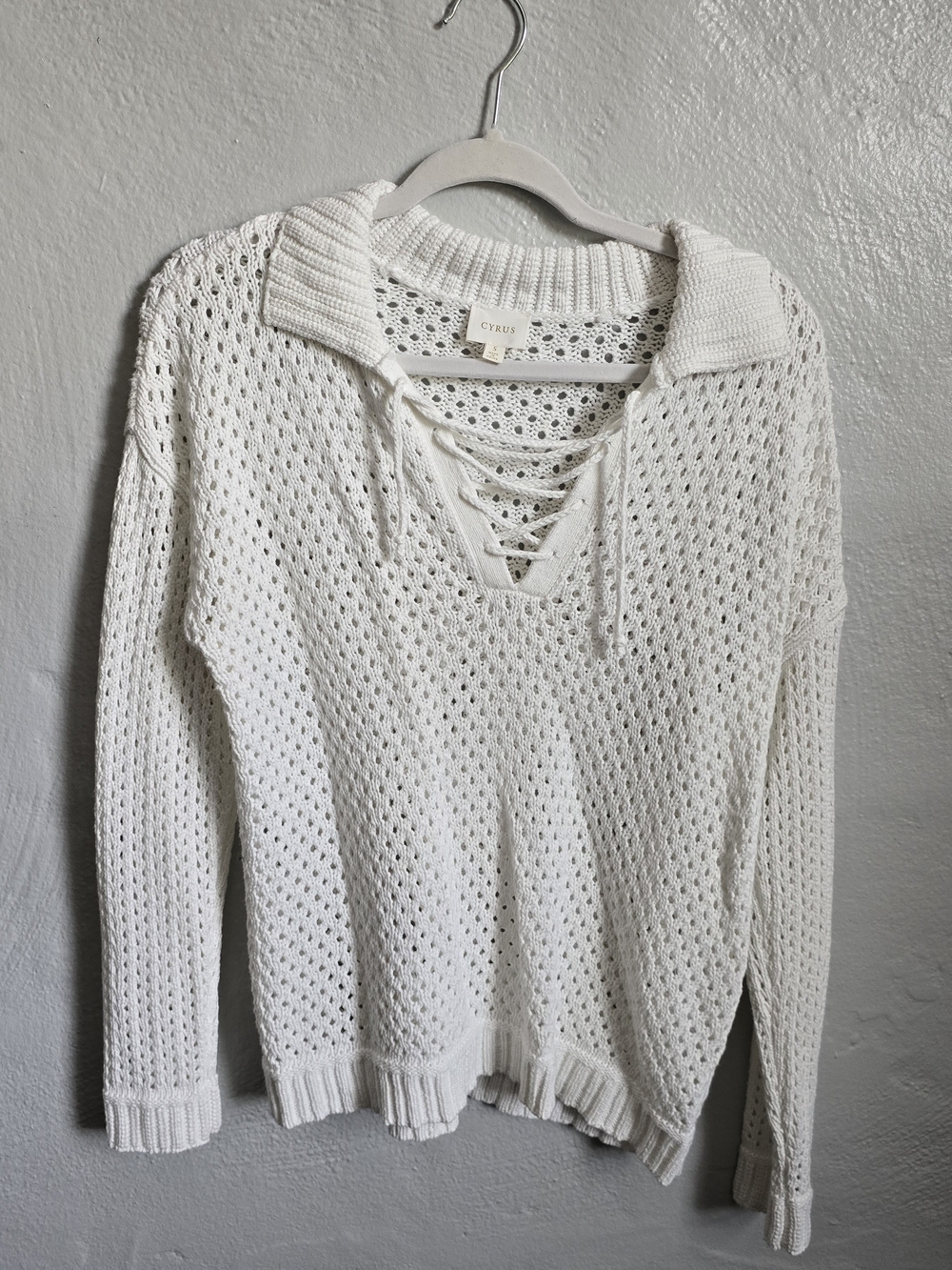 Cyrus Cream Lace-Up V-Neck Open Knit Sweater